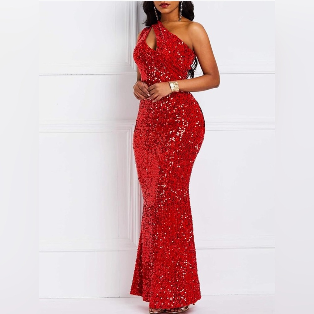 Red Sequins Sleeveless Oblique Collar Mermaid Bodycon Dress Size Large